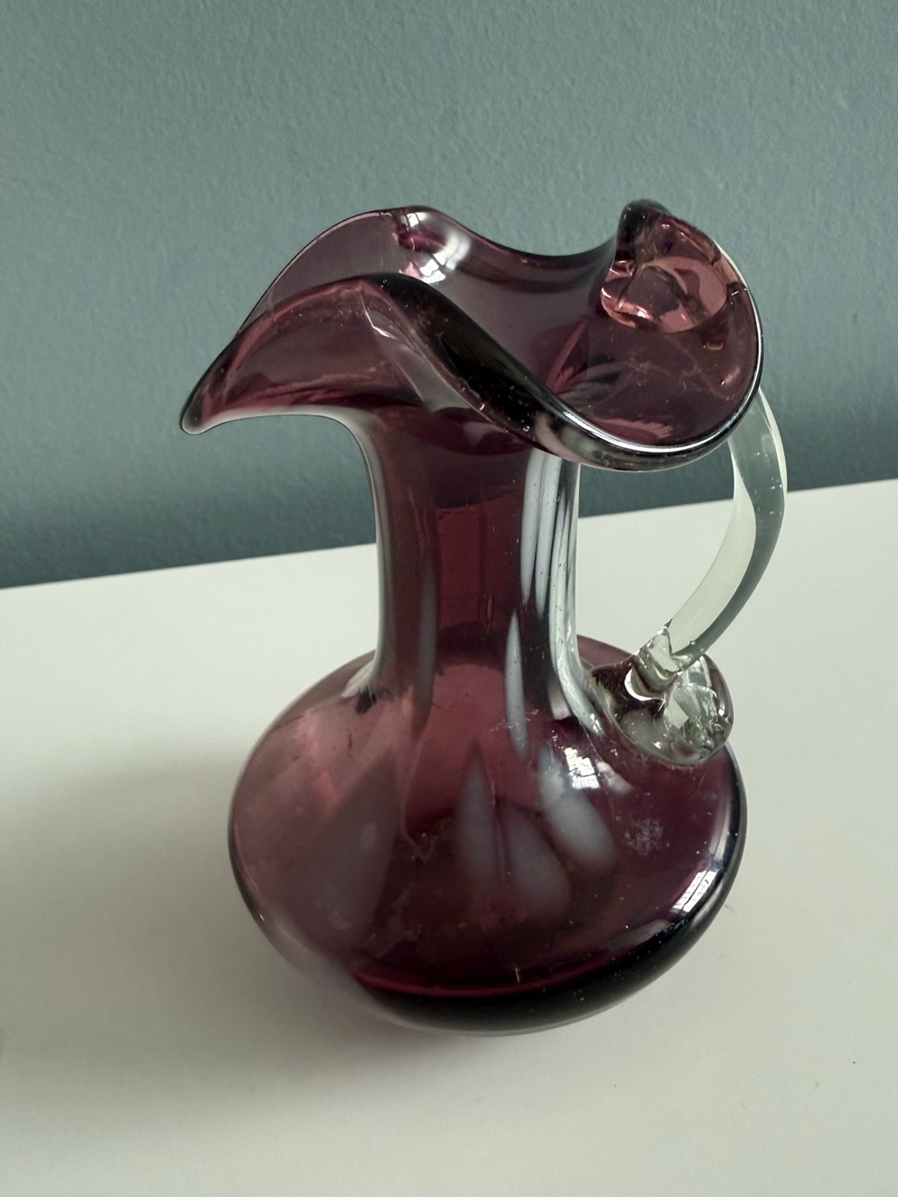 Fenton 1970’s Hand Blown Amethyst Purple  Small Pitcher w/Ruffled Edges